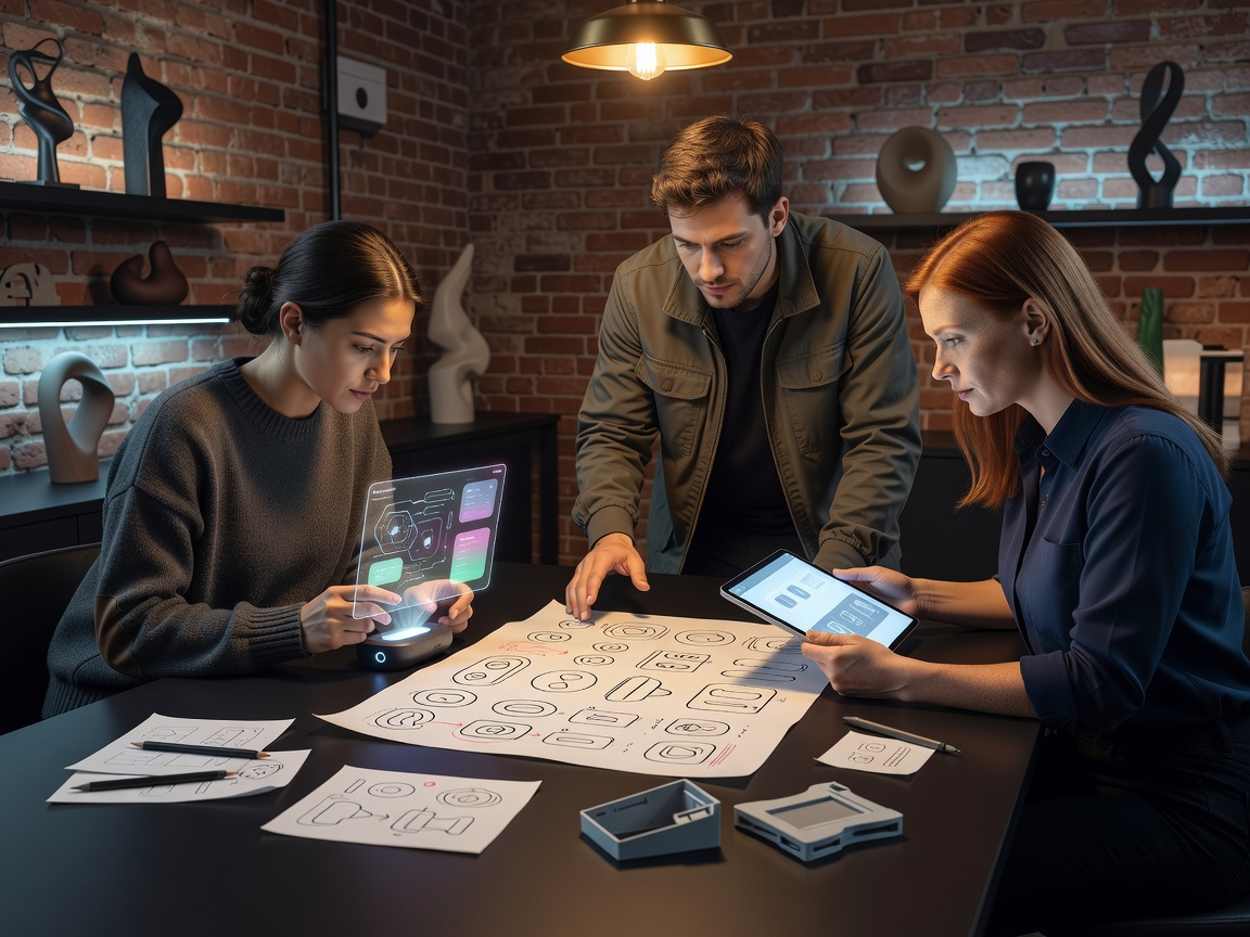 Creative game concept UI specialists analyzing design drafts