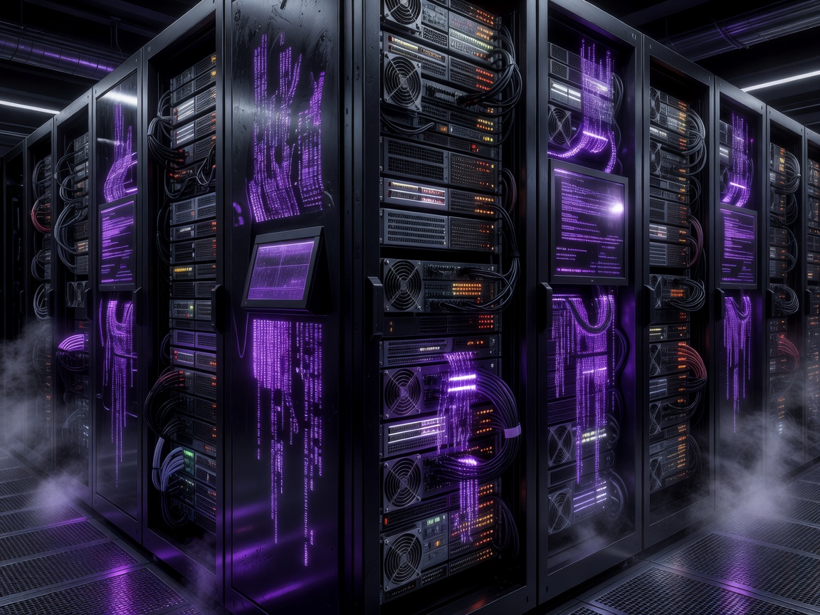 Dark server matrix computer code reflecting purple glow
