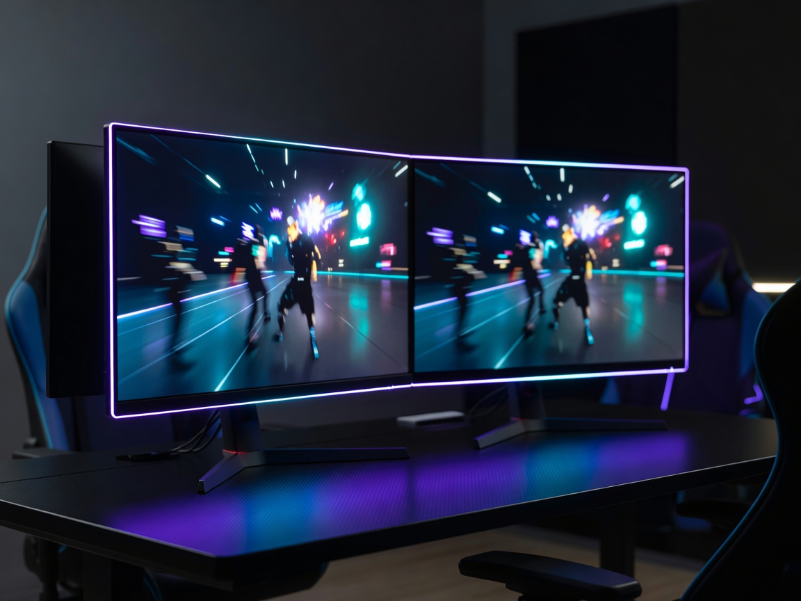Two modern gaming monitors with ambient light strips